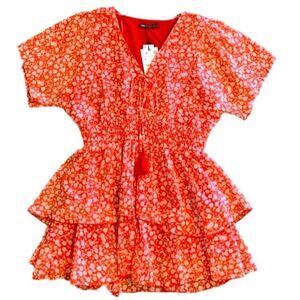 ZARA Mini Dress chiffon Tiered Ruffled Orange White Ditsi Floral Lined Dress L.